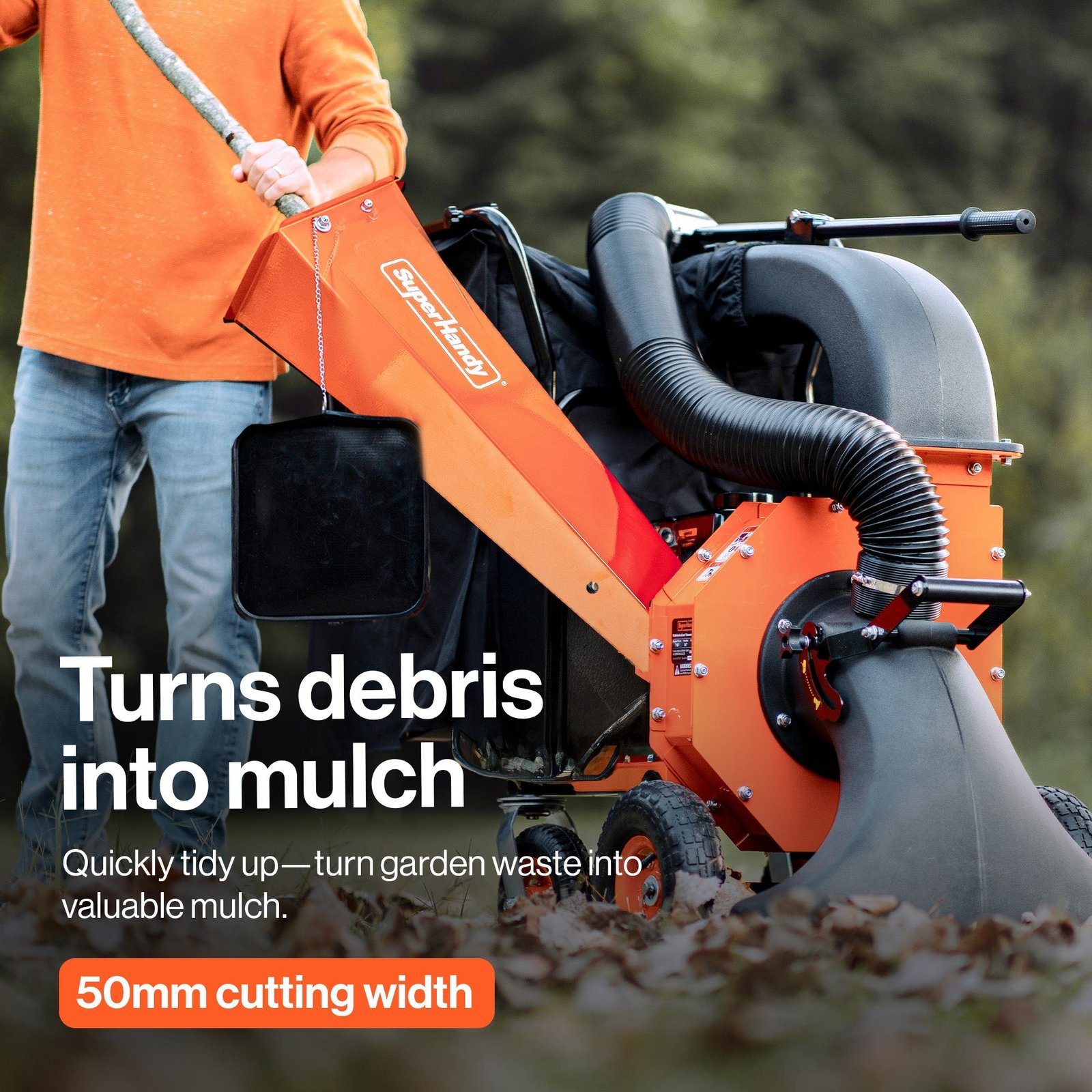 SuperHandy Leaf Vacuum & Wood Chipper -196CC Gas Engine, 10:1 Mulch Ratio, 175 L Collection Bag Capacity, Castor Wheels, Dual Function: Walk-Behind Leaf Vacuum Mulcher & Wood Chipper