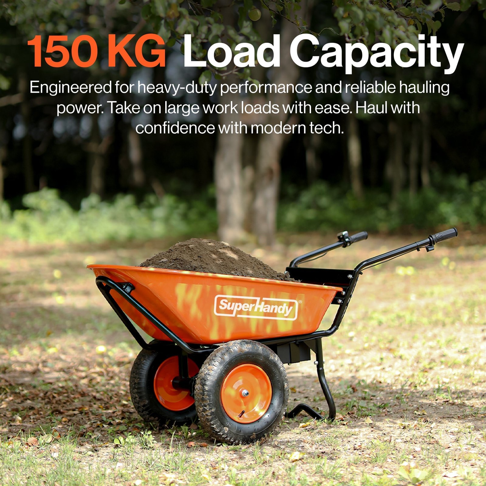 SuperHandy Electric Wheelbarrow – 48V Li-Ion Battery, 150kg Capacity, 85L Steel Powder Coated Tub, Material & Debris Hauler Utility Cart